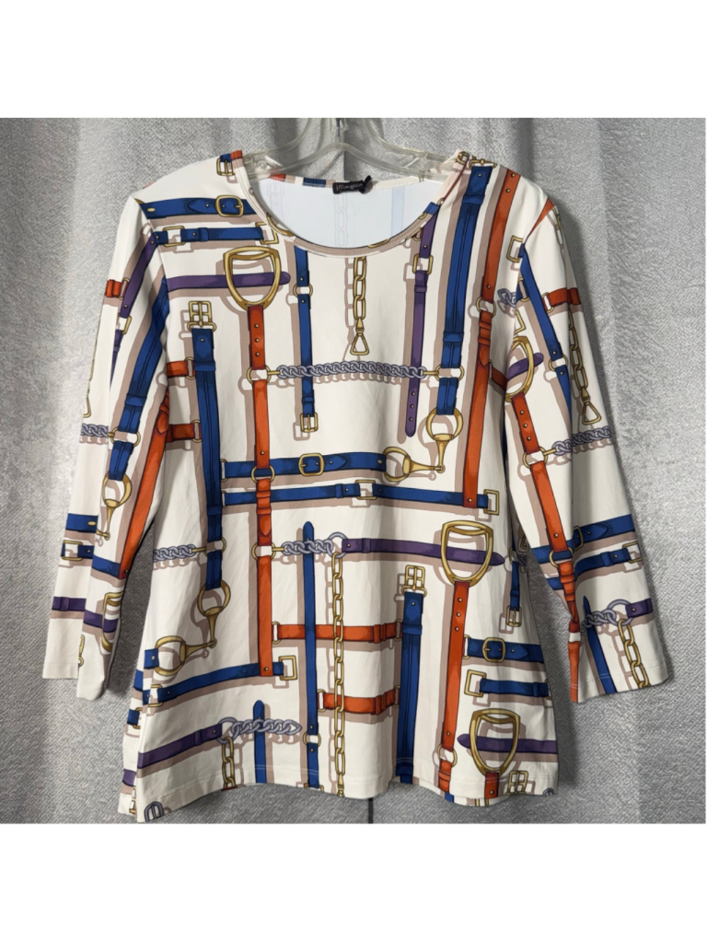 J.McLaughlin 3/4 Sleeve Top Catalina Cloth Large Belt Chain Print Stretch